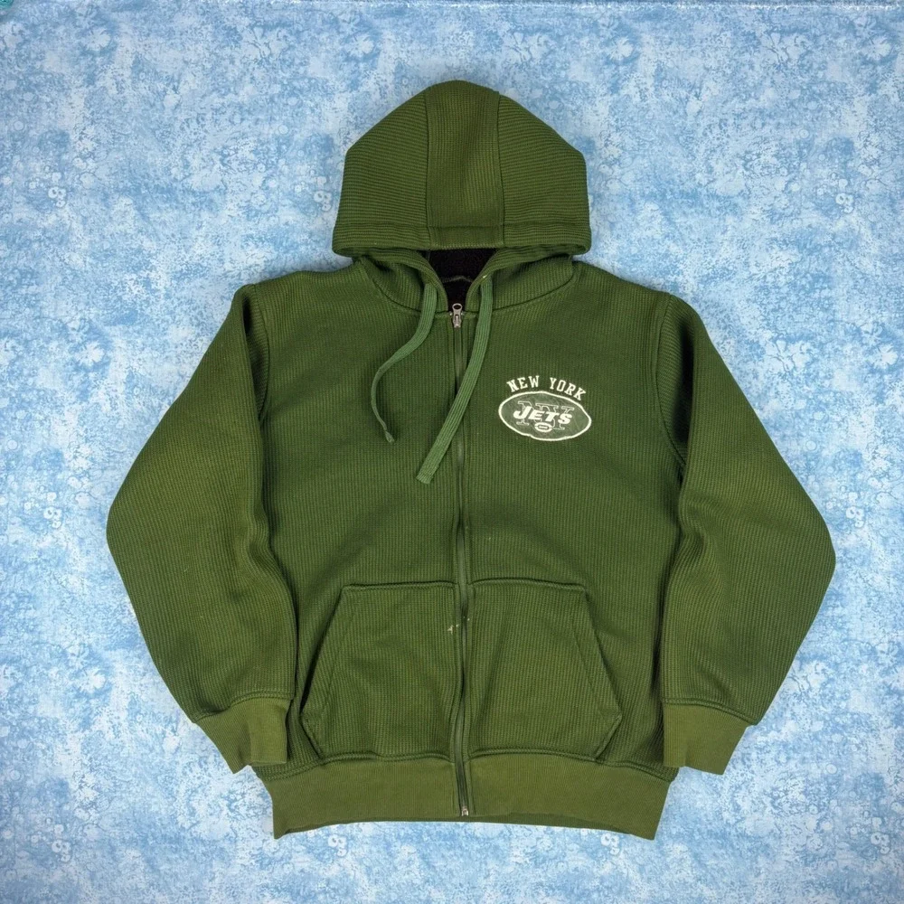 NFL New York Jets Full Zip Waffle Knit Fleece Lined Hoodie Green Mens Large